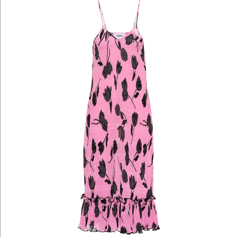 Ganni pleated pink floral georgette dress
